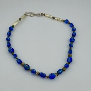Vintage Foil Lampwork Glass Bead Necklace 19" Blue Floral Brass Accents